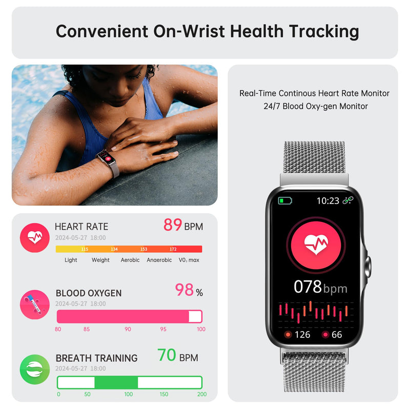 Health Fitness Tracker, Smart Watch with 24/7 Heart Rate and Blood Oxygen Monitor, Sleep Tracker with IP68 Waterproof, Activity Tracker Pedometer Step Counter for Women Men (Silver Gray)