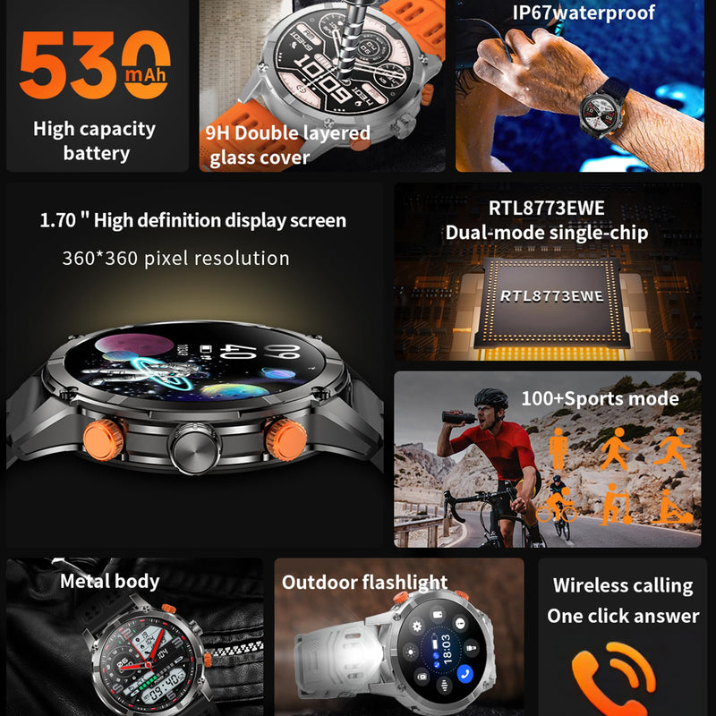 1.7" AMOLED Smart Watch for Men (Make/Answer Call), Mens Smartwatches with Flashlight, 710mAh Battery，Fitness Tracker Smartwatch for Android iPhones, Digital Watches Step Counter, 2 Straps (Silver) Silver