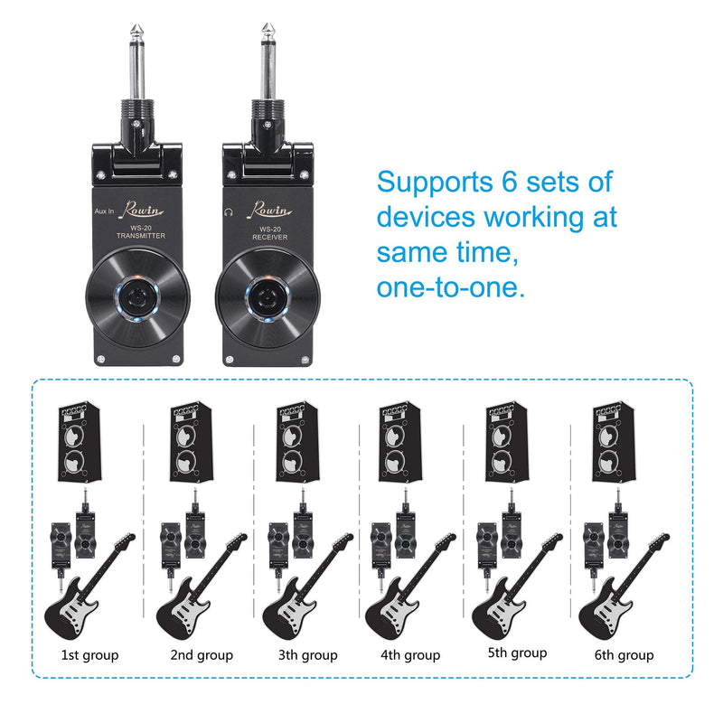 Rowin 2.4G Guitar Wireless System Transmitter Receiver for Electric Guitar Bass Violin with Rechargable Battery, USB Cable (Full Black) Full Black