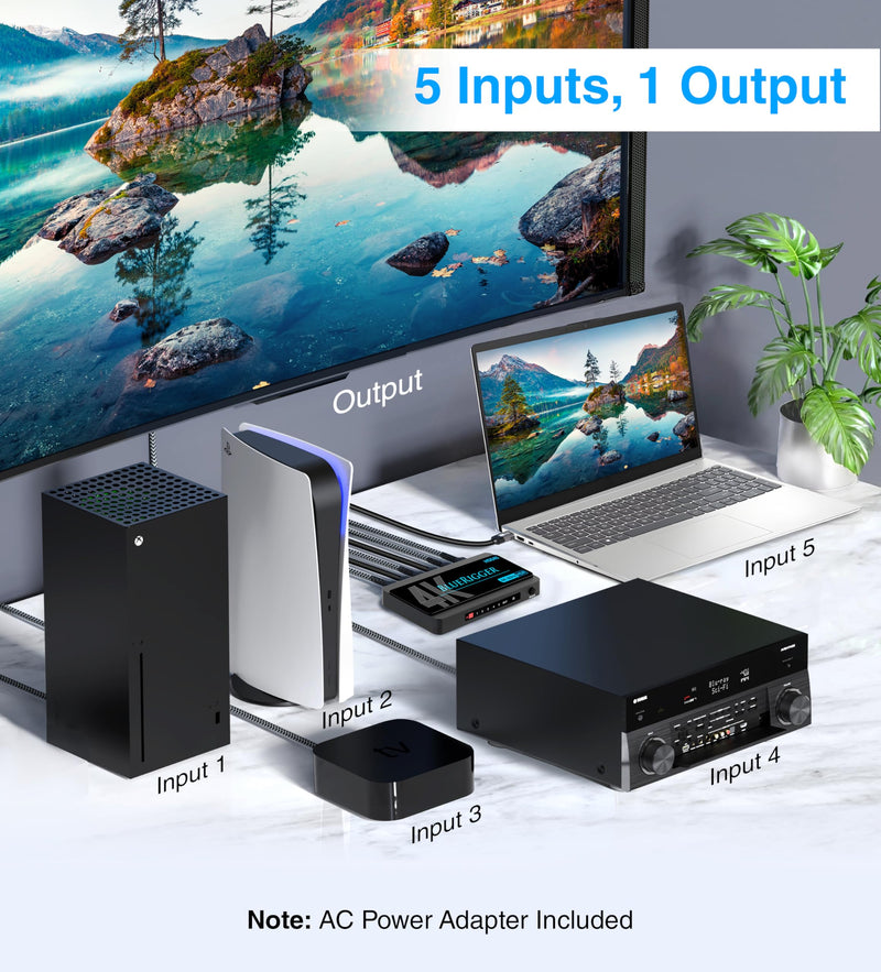 [AUSTRALIA] - BlueRigger 4K HDMI Switch 5 in 1 Out (4K 60Hz, 5 Port Video Switcher, HDMI Hub, HDR10+, 18Gbps, Selector Box with IR Remote) – Compatible with HDTV, PS5, Xbox, Apple TV, Projector, Blu-Ray 