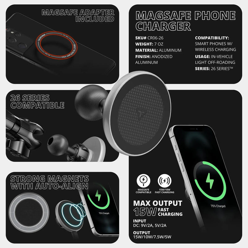 Tackform 26 Series High Strength Magnetic Wireless Charging Phone Holder - Compatible with MagSafe, RAM Mounts, and 1" / B Size Ball Systems