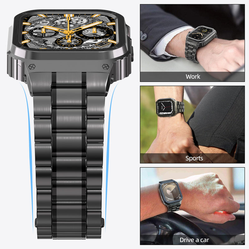 Metal Band Compatible with Apple Watch Band 44mm 45mm for Series SE/SE2 9 8 7 6 5 4,Stainless Steel iWatch Band with Bumper Case for Men,iWatch Strap with Metal Protective Cover Z-Space Gray 45mm(Series 9/8/7)