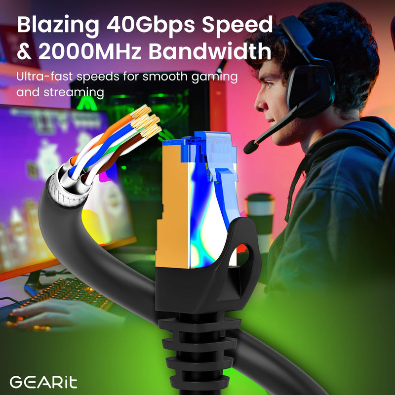GEARit Cat8 Outdoor Ethernet Cable (50 Feet) Waterproof, Direct Burial, In-Ground, LLDPE UV Jacket, Pure Copper, 26AWG, 40Gbps 2000Mhz SFTP Patch Cord, POE, Network, Internet, Cat 8 Cable - 50ft Round Cable - Cat 8 Black 50 Feet