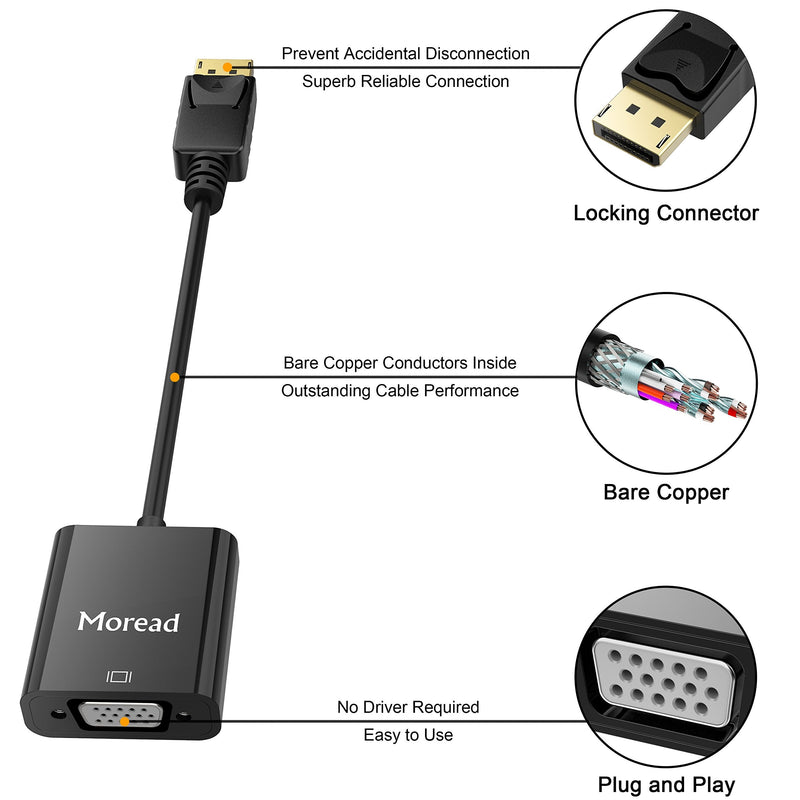 Moread DisplayPort (DP) to VGA Adapter, Gold-Plated Display Port to VGA Adapter (Male to Female) Compatible with Computer, Desktop, Laptop, PC, Monitor, Projector, HDTV - Black 1