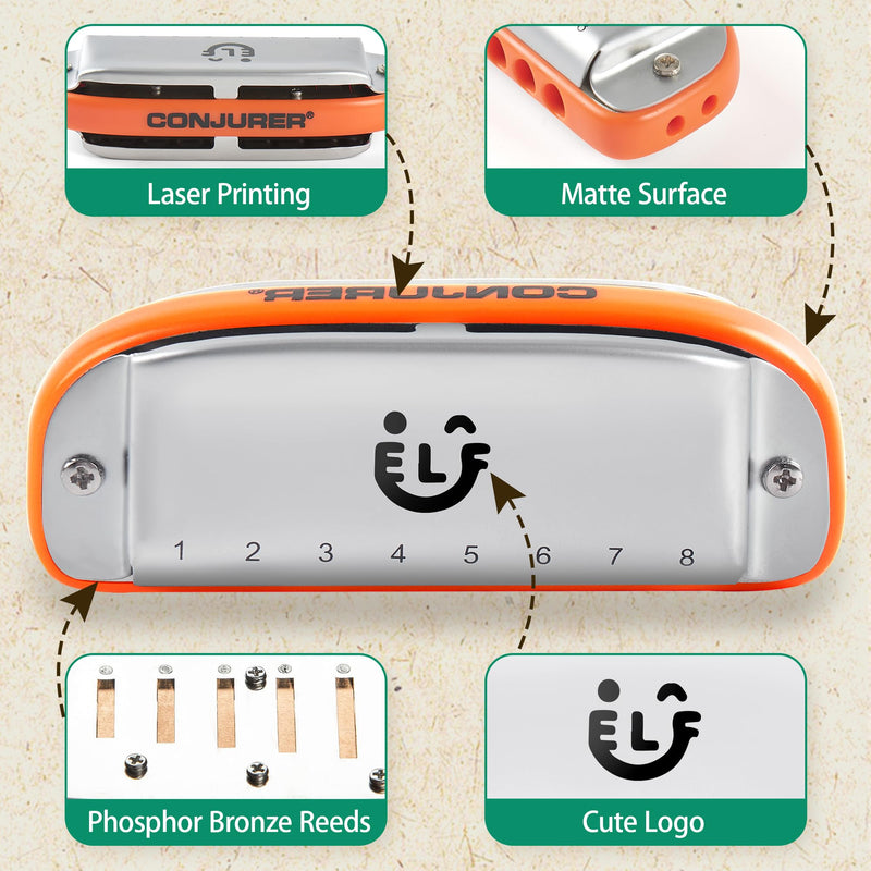 [AUSTRALIA] - CONJURER 8 Hole Blues Harmonica for Students Adult, C Key Diatonic Harmonica Mouth Organ for Beginners Professionals, with Exquisite Case, Musical Instrument, as a Gift, Orange 