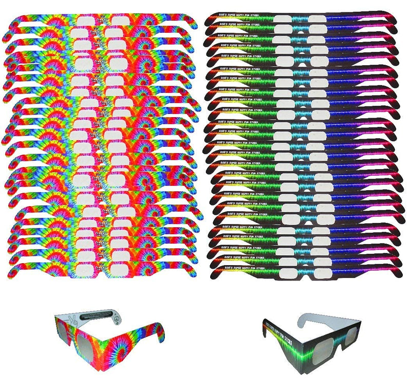 Fireworks Diffraction Prism Glasses - Trippy Tie Dye and Rave Waves Frame Designs - 50 Paper Glasses Total - See Rainbow Bursts of Color From Prismatic Lenses
