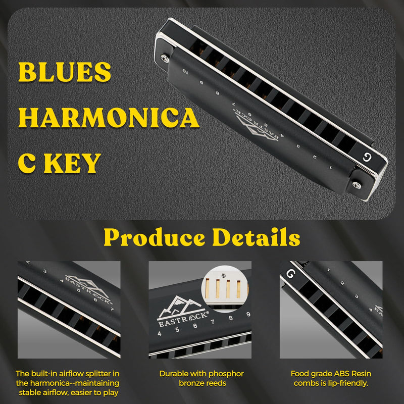 [AUSTRALIA] - EastRock Harmonica, Blues Harmonica Mouth Organ 10 Hole G Key with Case, Diatonic Harmonica for Professional Player, Beginner, Students, Adult, Friends, Gifts（Matte Black Finish） update10hole-G 