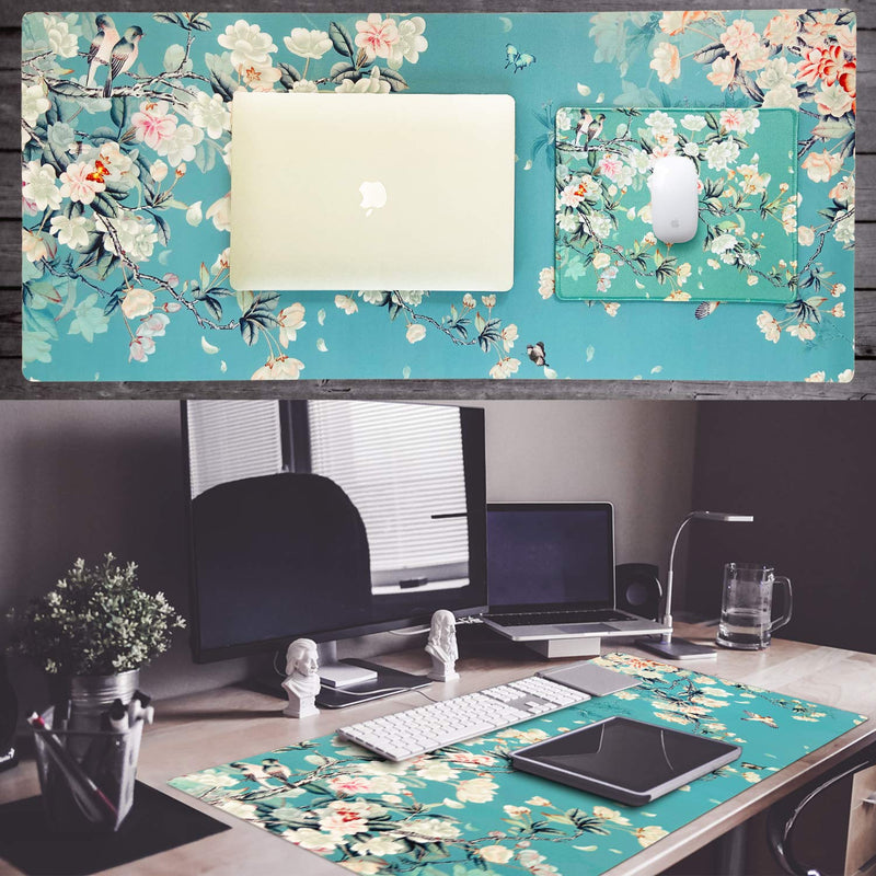 Sanfulin Multifunctional PU Leather Office Desk Pad 35.4''X15.7'' with Floral Design + Mouse Pad 10.2''×8.3''×0.12'', Extended Large Non Slip Ultra Thin Waterproof Desk Writing Mat (Chinese Flower) Chinese Flower