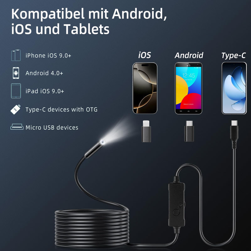 Endoscope Camera Mobile Phone Endoscope Camera with Light, 1920P HD Endoscope Camera, 5 m Inspection Camera with 8 LED Lights, IP67 Waterproof Inspection Camera, No WiFi, Tube Camera for Android, iOS