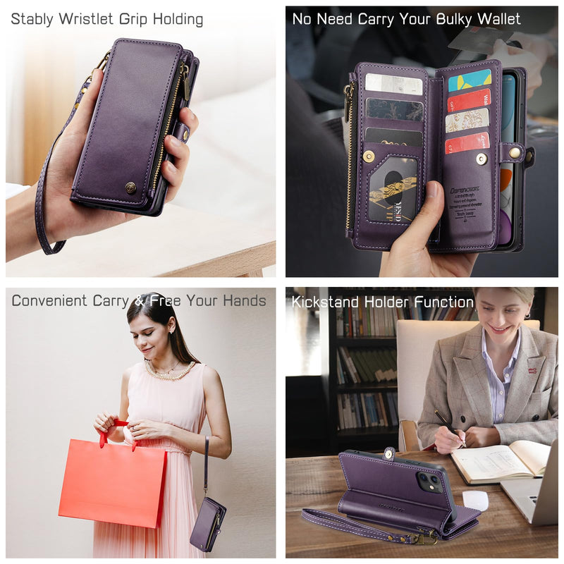 Defencase for iPhone 11 Case, RFID Blocking for iPhone 11 Wallet Case for Women and Men with Card Holder, Zipper Pocket Magnetic Flip PU Leather Protective Cover for iPhone 11 Phone Case 6.1, Purple Elegant Purple