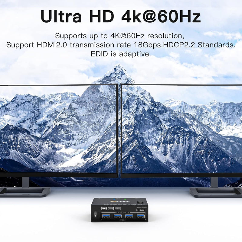 HDMI KVM Switch 2 Monitors 2 Computers 4K@60Hz, Simulation EDID, Dual Monitor KVM Switch 2 Port for 2 Computers Share 2 Monitors and 4 USB3.0 Devices, 2 HDMI USB Cables and Wired Controller Included black HDMI+HDMI 2 Computers