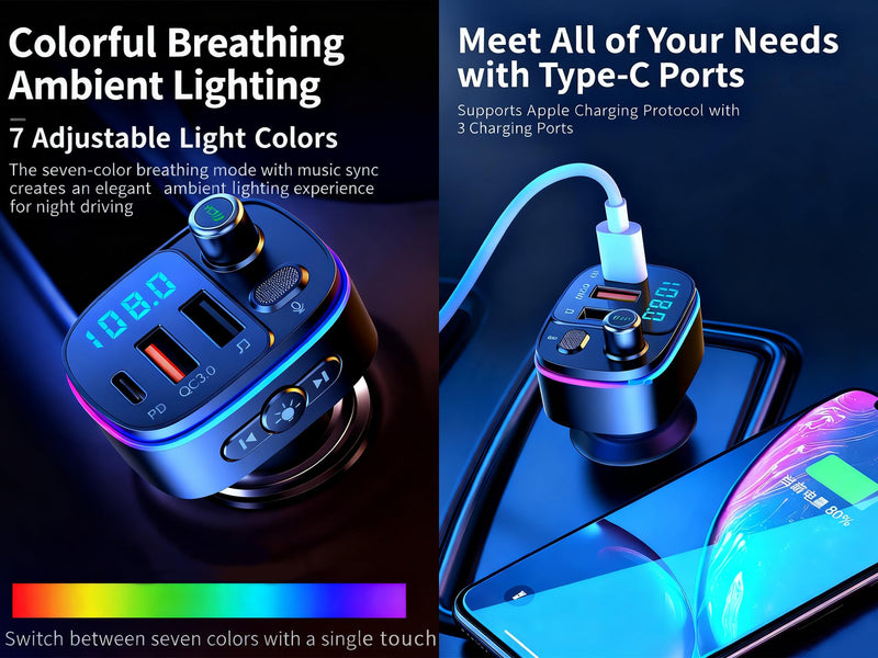 [AUSTRALIA] - TISONNY Bluetooth FM Transmitter for Car, with Dual Fast Charging (QC3.0 & PD 20W), Qualcomm 5.0 Chip, Hands-Free Calling, Support USB/TF Card Playback, Plug and Play for All Cars Black FM Transmitter T65 