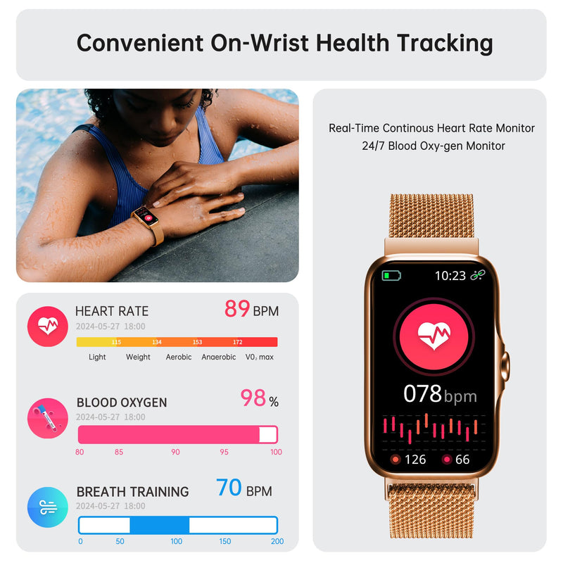 Health Fitness Tracker, Smart Watch with 24/7 Heart Rate and Blood Oxy-gen Monitor, Sleep Tracker with IP68 Waterproof, Activity Tracker Pedometer Step Counter for Women Men Pink Gold