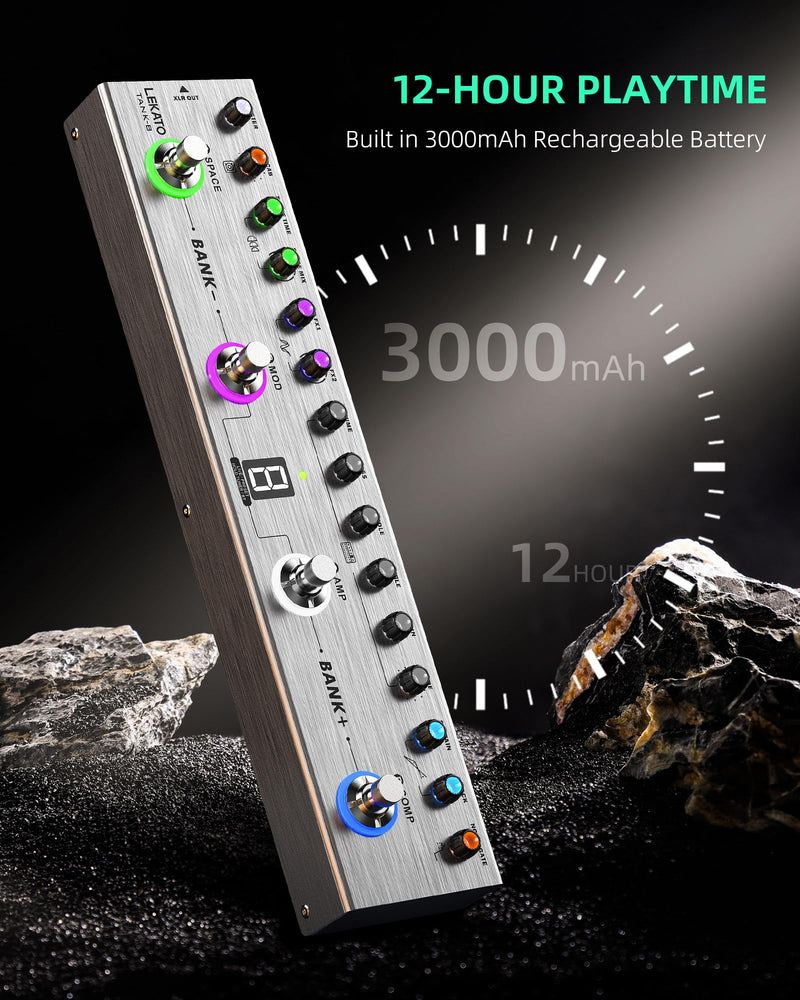 LEKATO Bass Multi Effects Pedal, Bass Effects Pedal with 36 Presets, Editable 4 Modules, Amp, Compressor, Mod, Space, Reverb, IR CAB, Tuner, BT Connection, Music Recording For Bass Guitar