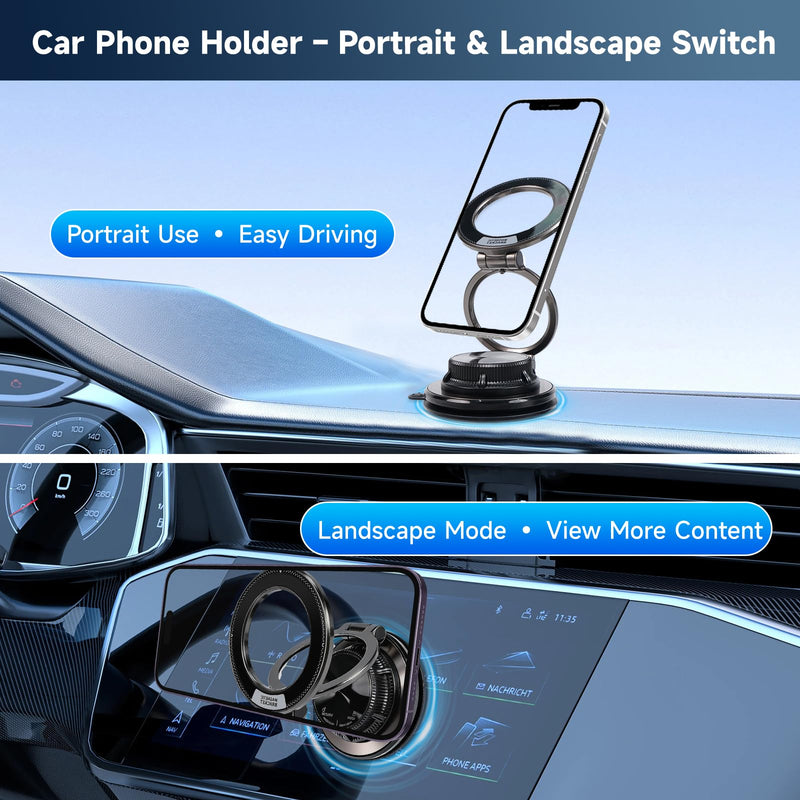 Car Phone Holder, Strong Suction Cup 360° Adjustable Magnetic Phone Mount for Dashboard Windshield, Universal Car Phone Stand Compatible with iPhone 17 16 Pro Max and All Smartphones (Black) Black