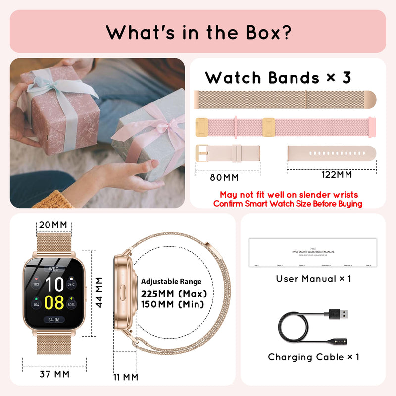 Smart Watch for Women 1000mAh with 3 Band Compatible iPhone & Android 44MM | 30+ Day Battery Life Make/Answer Call with Heart Rate/SpO2/Sleep Monitor, 120+Sport Mode Waterproof Fitness Tracker,Rose Gold Rose Gold 44 MM