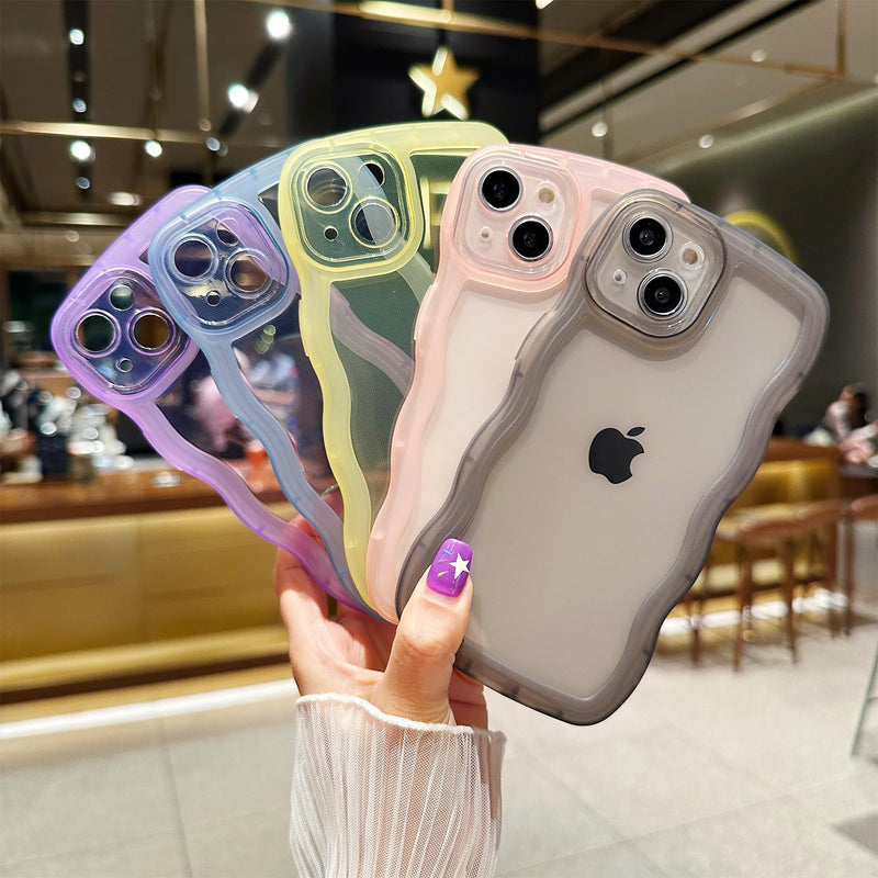 Compatible with iPhone 13 Case 6.1" 2021, Cute Kawaii Curly Wave Frame Shape Soft Silicone Shockproof Protective Phone Cover for Women Girls, Clear/Pink