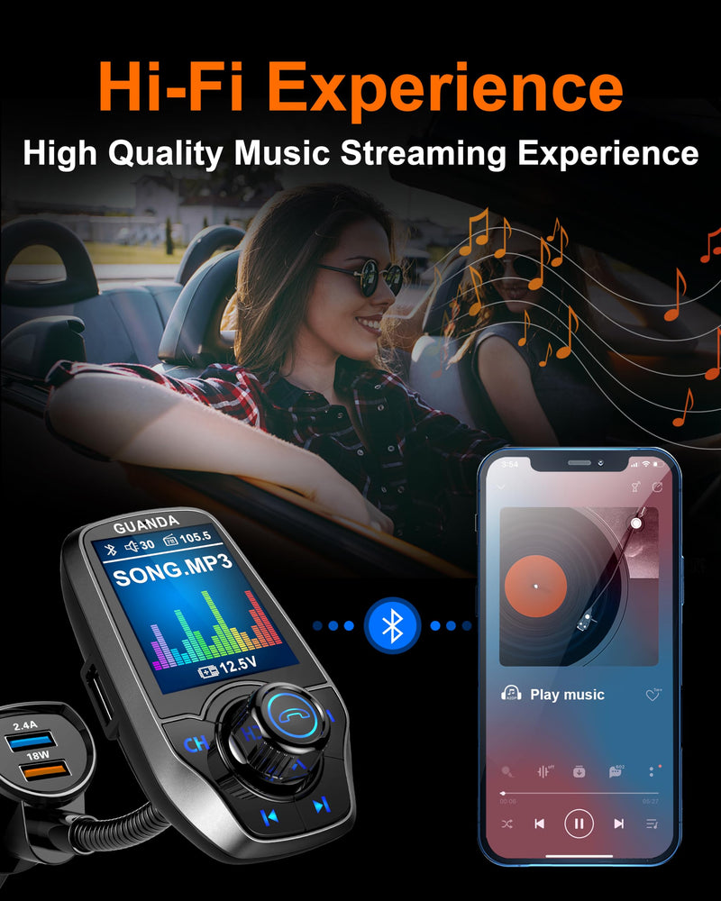 Upgraded Bluetooth 5.3 FM Transmitter for Car, Wireless Radio Adapter Kit W 1.8" Color Display Hands-Free Call AUX in/Out SD/TF Card USB Fast Charging 18W for All Smartphones Audio Players - Pewter 18W/5V-Pewter
