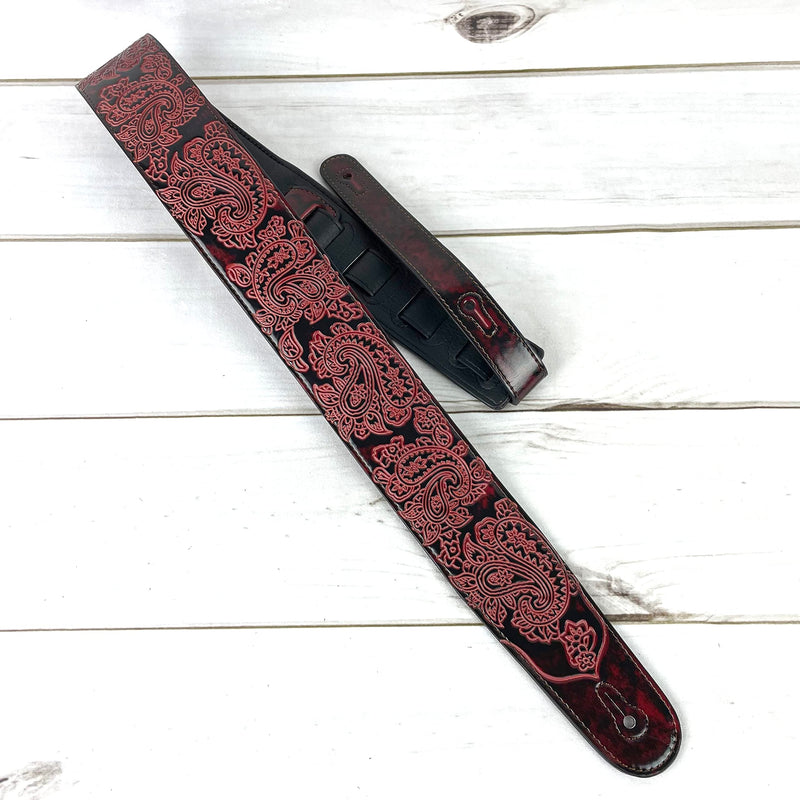 Walker & Williams GB-30 Handmade Fire Wine Red Padded Leather Guitar Strap with Vintage Paisley Pattern For Acoustic, Electric, And Bass Guitars