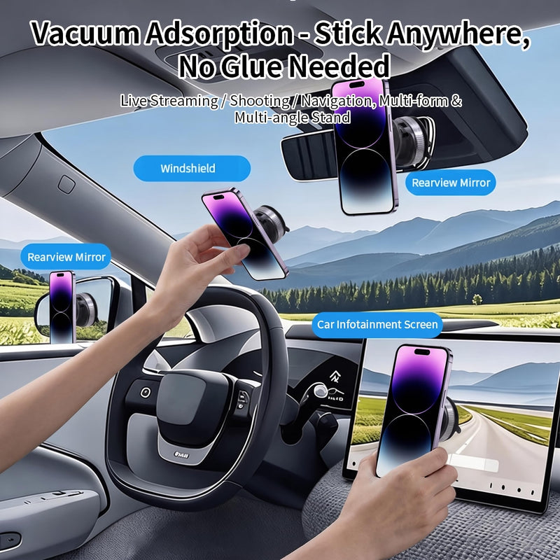Vacuum Lock Magnetic Car Phone Mount, Universal Holder for All Phones, Anti-Vibration Strong Magnet 360° Foldable Holder for Dashboard, Windshield, Mirror & Gym, Compatible with Magsafe