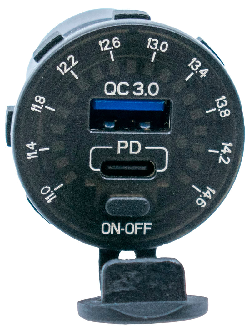 12/24V Socket Dual USB Type C PD 3.0 (36W) + USB A (18W) Fast Charger with Built-in Voltmeter & Power Switch for Car, Boat, Marine & RVs