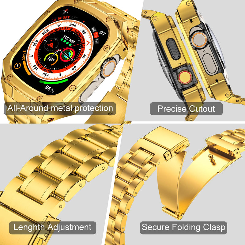 Stainless Steel Case and Band Compatible with Apple Watch Ultra 49mm | Apple Watch Metal Strap and Cover for iWatch Series Ultra 3/2/1 49mm for Men, Gold 49mm(Ultra 3/2/1)