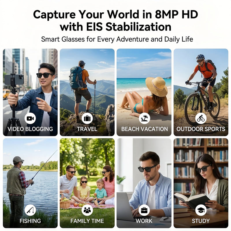 AI Smart Glasses with Camera, 8MP HD Bluetooth Camera Glasses for Women Men | 1080P Video Recording Sunglasses, Real Time Translation, Voice Assistant, Open Earbuds, Travel, Work, Vlog Night Black
