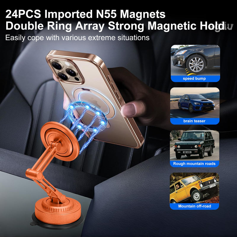 All-Metal Alloy Long Arm Magnetic Suction Cup Car Phone Mount(Orange) | Strong Powerful Magnetic Heavy-Duty Windshield Dash 360° Mechanical Rotation Cell Mobile Phone Vehicle Bracket for All Cars Orange