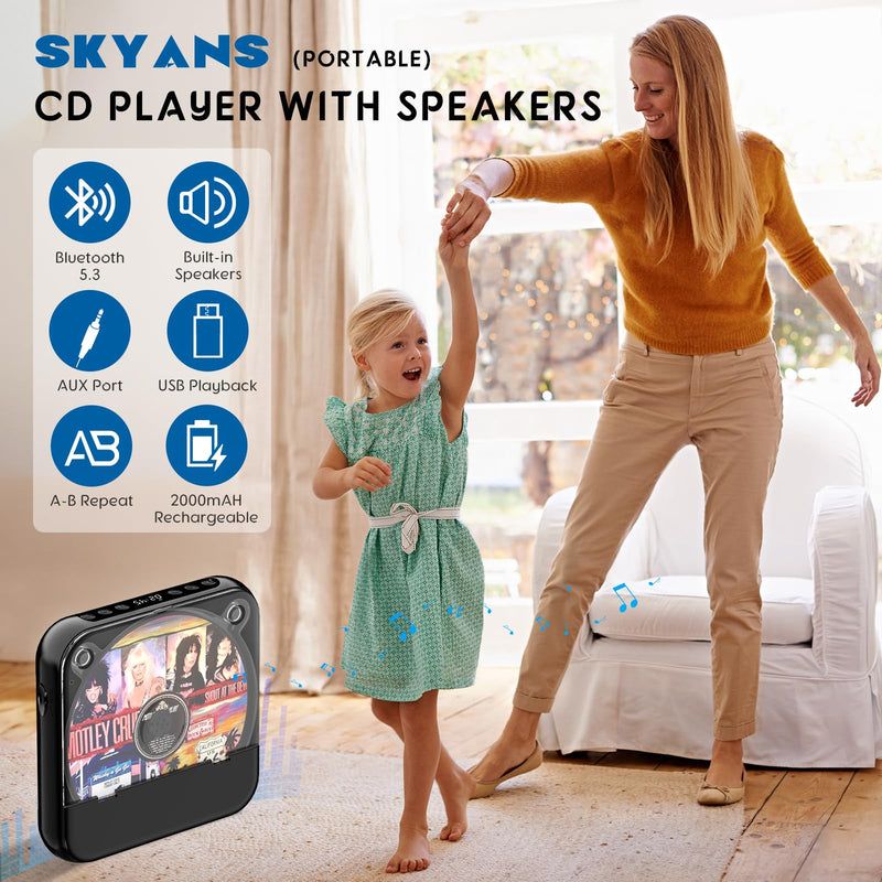 Portable CD Player with Bluetooth, Rechargeable Small CD Player, Built-in HiFi Speakers, Walkman CD Player with Headphones, LCD Screen, Support CD/AUX/USB/Repeat, Black