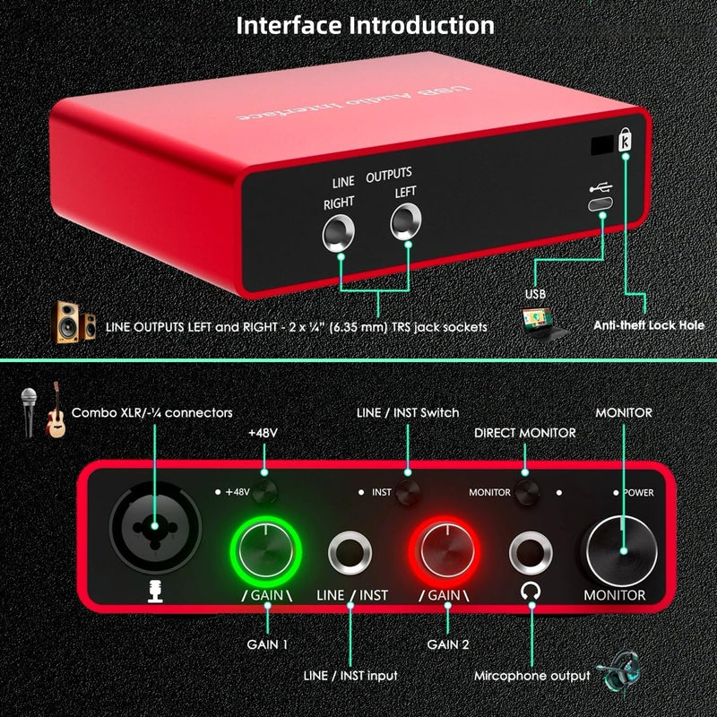 USB Audio Interface for PC, 48V Phantom Power Audio Interface for Computer Recording Music, Podcasting, and Streaming, 24-Bit/192kHz, XLR & 1/4” Combo Connectors, LINE/INST Input
