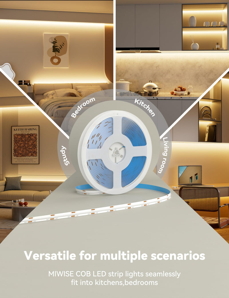 MIWISE COB LED Strip,LED Strip Light 2700K Warm White 20ft Dimmable Super Bright 24V,High Density Flexible Tape Light with RF Remote Timer Function,for Shelf/Cabinet/Bedroom/TV DIY Lighting Project 6.1m