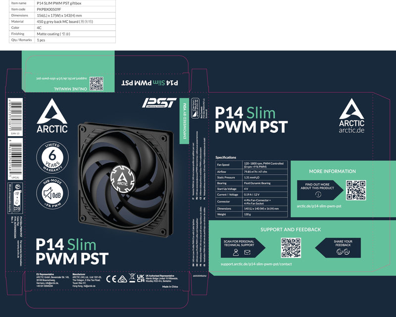 ARCTIC P14 Slim PWM PST - PC Fan, 140mm Case Fan, with PWM Sharing Technology (PST), Pressure-optimised, Quiet Motor, Computer, Extra Slim, 150–1800 RPM - Black