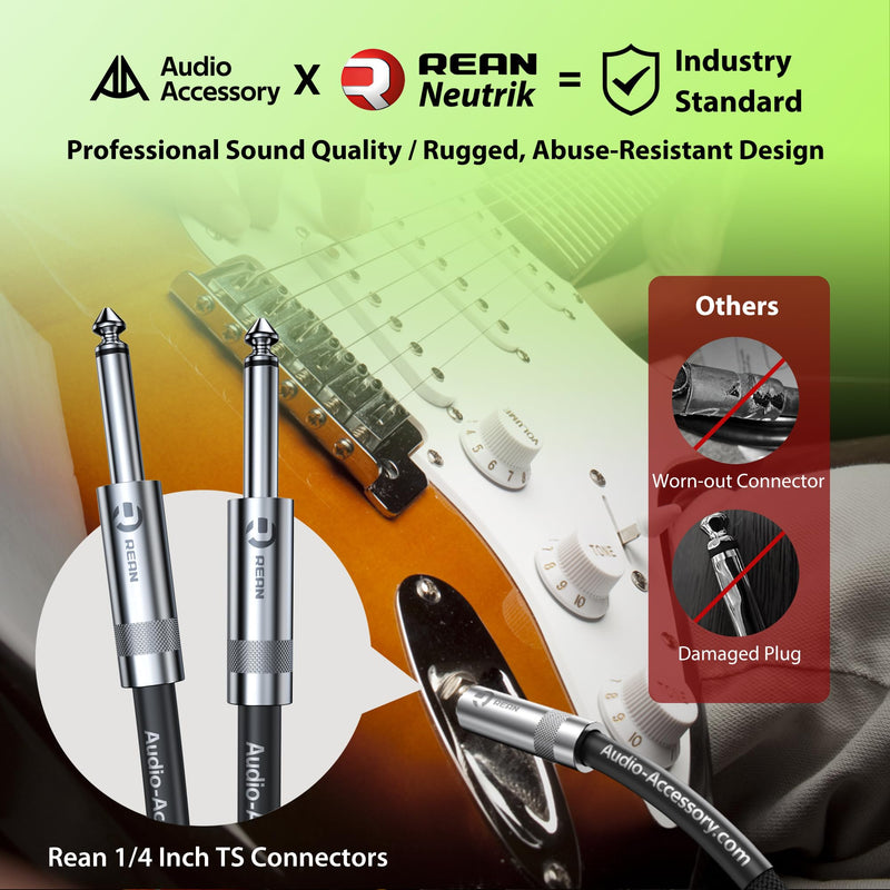 Guitar Cable 10 ft 2 Pack, Nylon Braided Anti-Kinking Kevlar-Reinforced, Neutrik REAN Connector, 20 Gauge 99.99% OFC 1/4 Instrument Cable, AL & OFC Dual Shielded Amp Cord for Fender Electric Guitar 10 ft, 2 Pack Straight, Rean Black