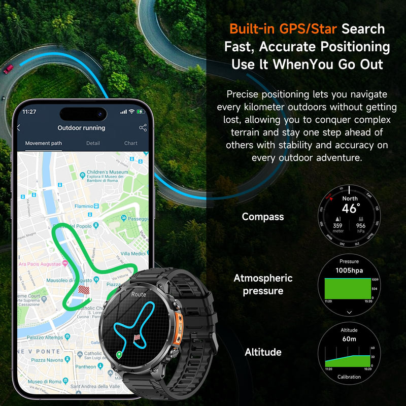 2026 New Military Smart Watches Built-in GPS and Compass with Heart Rate/SpO2/Sleep Monitor, 1.7" HD Display Outdoor Smartwatch with 720MAH/Flashlight/Bluetooth/100+Sports Modes, Android iOS Black