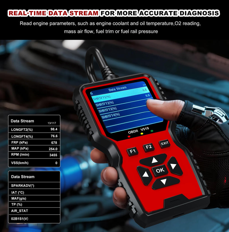 V519 OBD2 Diagnostic Scanner Tool - Vechicle Check Engine Light Code Reader with Battery Voltage Tester, I/M Readiness, Reset, and Code Eraser for All OBDII Car Since 1996 Red