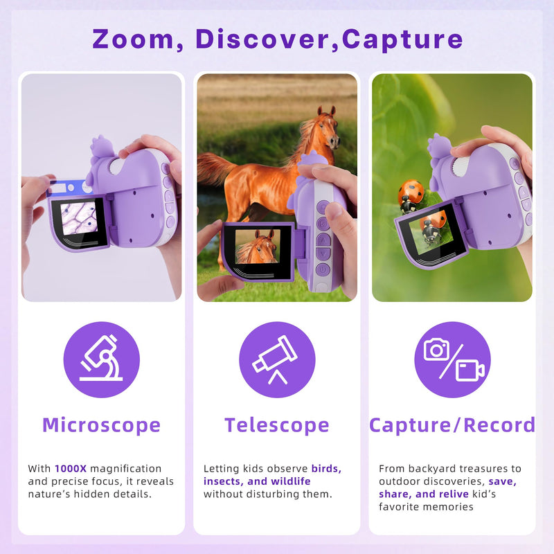 Dino Microscope for Kids, 1000x Portable Digital Microscope Camera with 2" Screen, Educational Science Kit Birthday Gifts for Kid Age 4-12, 32GB TF Card Included Violet