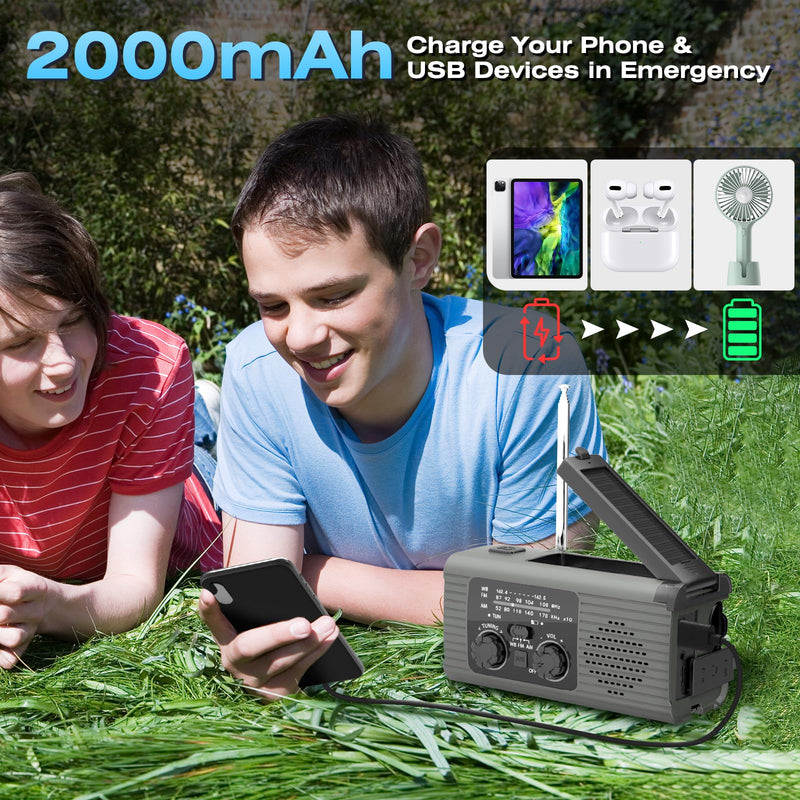 Emergency Radio Hand Crank Radio USB Charged Portable Power Bank with Solar Charging, SOS Alarm, AM/FM/NOAA Rdios, 180° Rotate Reading Lamp, LED Flashlight for Camping, Home, Outdoor Emergency Gray