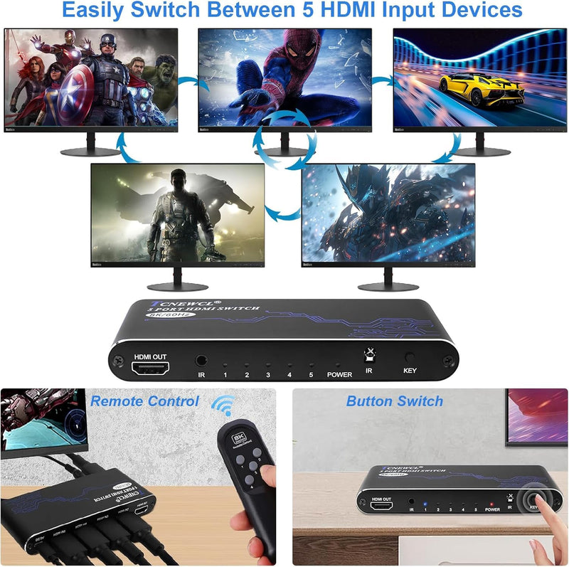 [AUSTRALIA] - 8K HDMI Switch 5 in 1 Out, HDMI Hub 8K@60Hz 4K@120Hz, HDMI 2.1 Selector Compatible with PS5 PS4 Xbox PC 