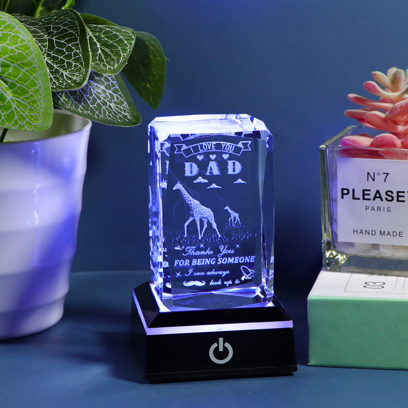 Father Day Gifts for Dad from Daughter Son, 3D Crystal Laser Engraved Giraffe Statue Birthday Gifts for Dad Who Wants Nothing, Personalized Best Dad Ever Gifts Funny New Bonus Dad Gifts DAD GIFTS Giraffe with LED Base