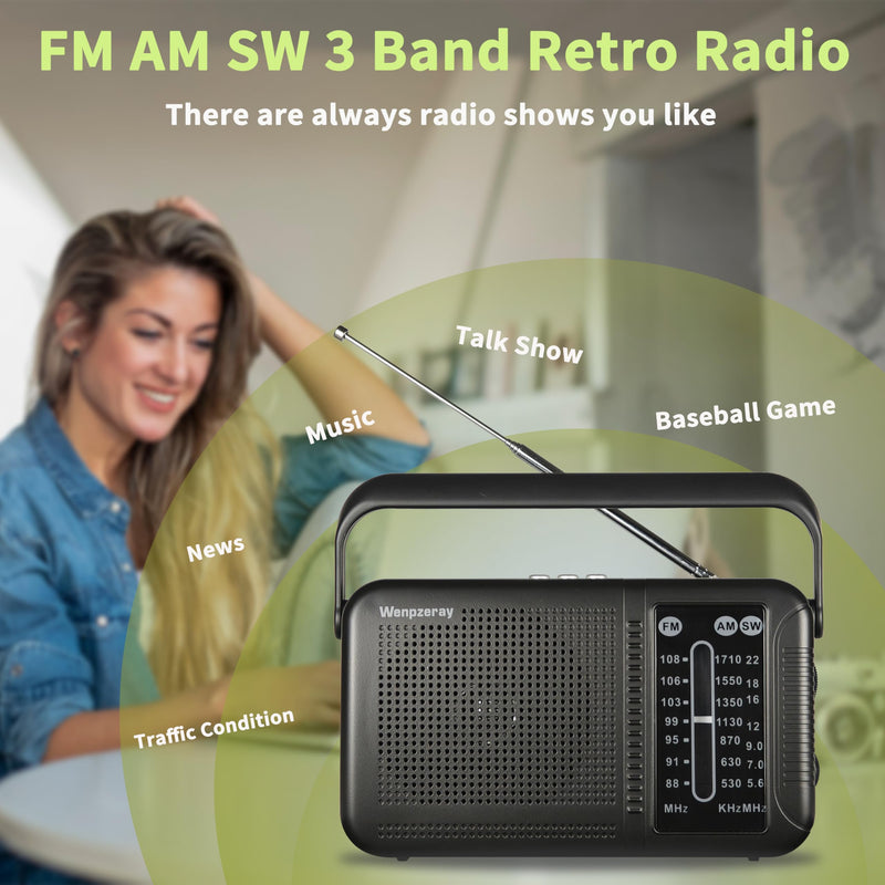Portable AM FM Shortwave Transistor Radio, Retro Bluetooth Speaker Excellent Reception, Support TF Card/USB Play, Large Dial Battery or USB Powered Easy to Use Indoor, Outdoor, Travel & Storms