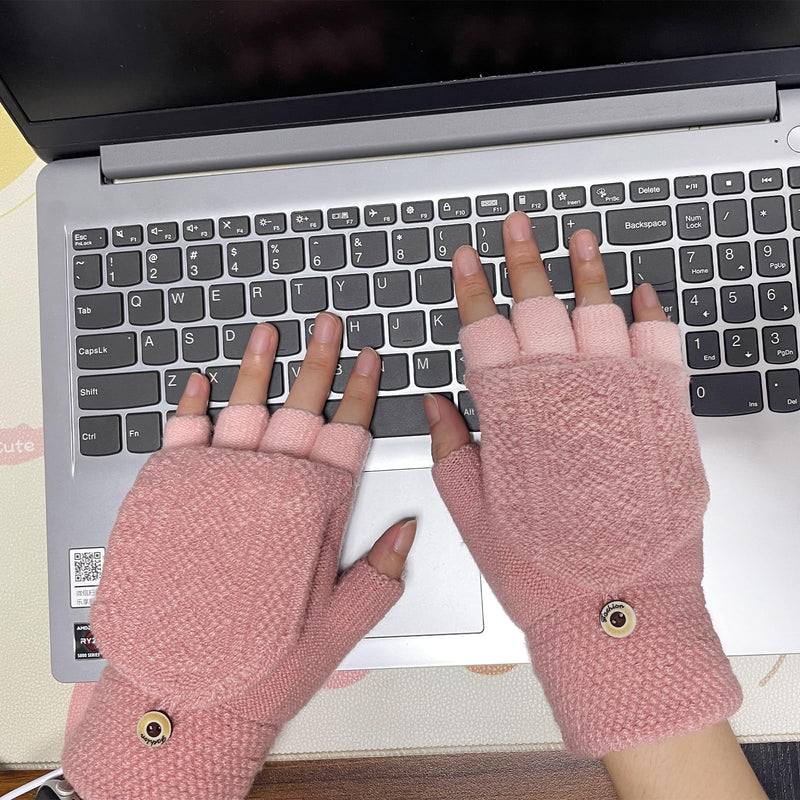Women's & Men's USB Heated Gloves Mitten Full & Half Fingerless Winter Hands Warmer Laptop Gloves Pure Pink