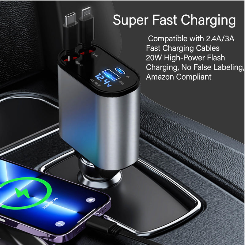 159W GaN 5-in-1 Retractable Car Charger, Dual Cig Lighter, 180° Adjust | Wide compatibility with cell phones, tablets and laptops for road travel power supply