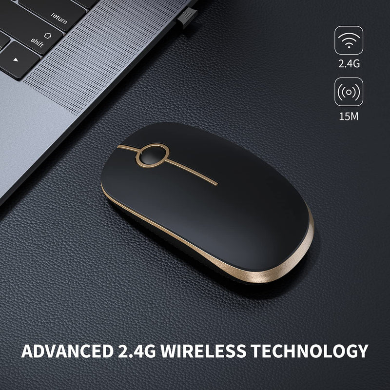 VssoPlor Wireless Mouse, 2.4G Slim Portable Computer Mice with Nano Receiver for Notebook, PC, Laptop, Computer (Black and Gold) Black and Gold
