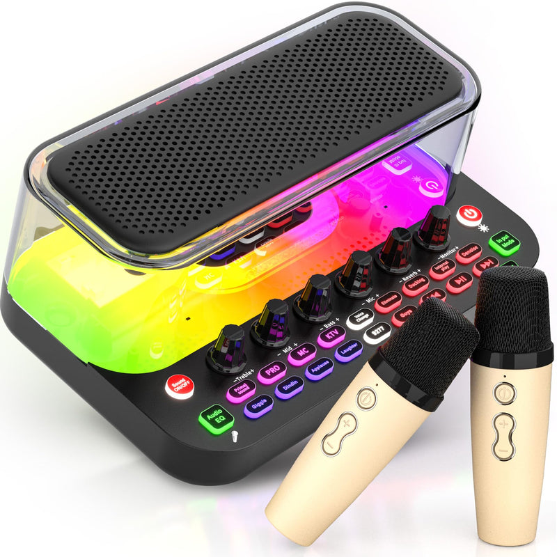 SY11 Portable Live Streaming Sound Card Mixer, Mini Bluetooth Karaoke Machine w/ 2 Wireless Microphone, RGB Lights & Voice Change Sound Effects, Easy Set up Bluetooth Audio Podcast Equipment for PS5 SY11