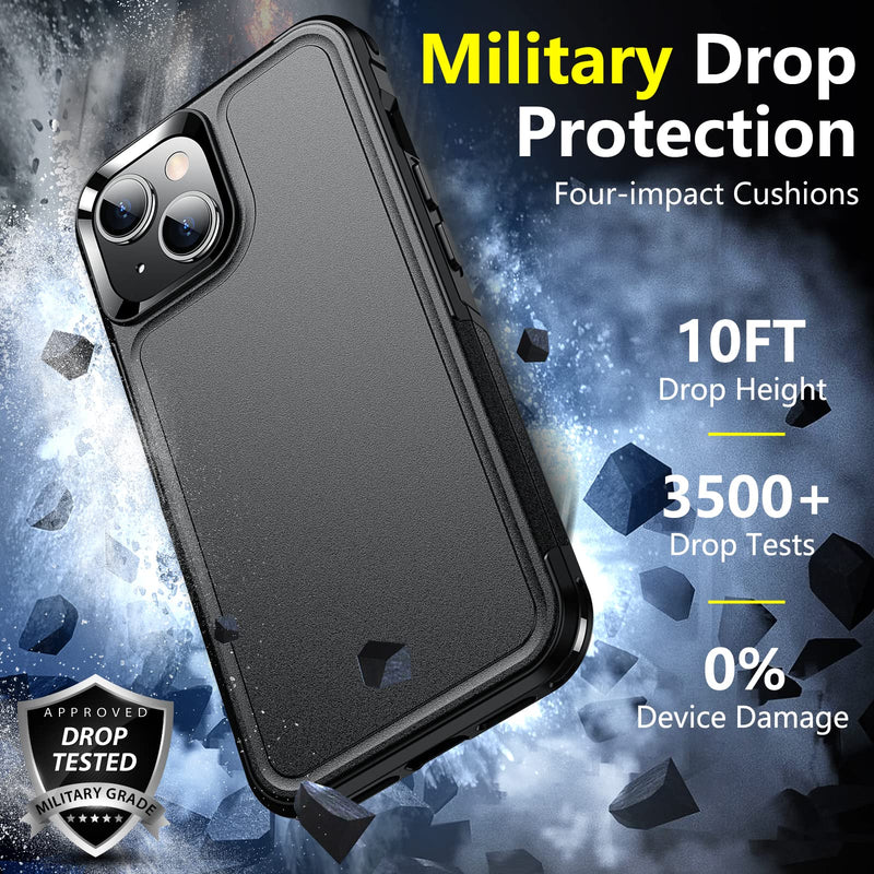 SPIDERCASE for iPhone 14 Case/iPhone 15 Case, [15 FT Military Grade Protection] 2 Pack [Tempered Glass Screen Protectors+Camera Lens Protectors] Heavy Duty Shockproof Case, Black