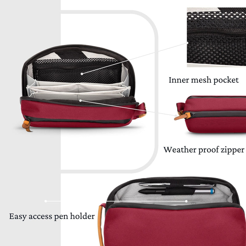 Tech Bag Organizer - Small Electronics Organizer Pouch for Travel - Premium Travel Case with Leather Accents - Mesh Pocket for Cables, Cords and Chargers (Red) Red
