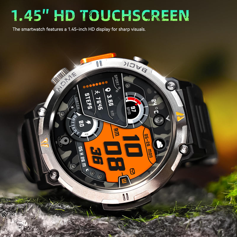 Military Smart Watches for Men Built-in GPS 3ATM Waterproof LED Flashlight | 1.45" Rugged Tactical Smartwatch with Compass/110+ Sports Modes Fitness Tracker with HR/SPO2/Sleep Monitor for iPhone Android Black orange