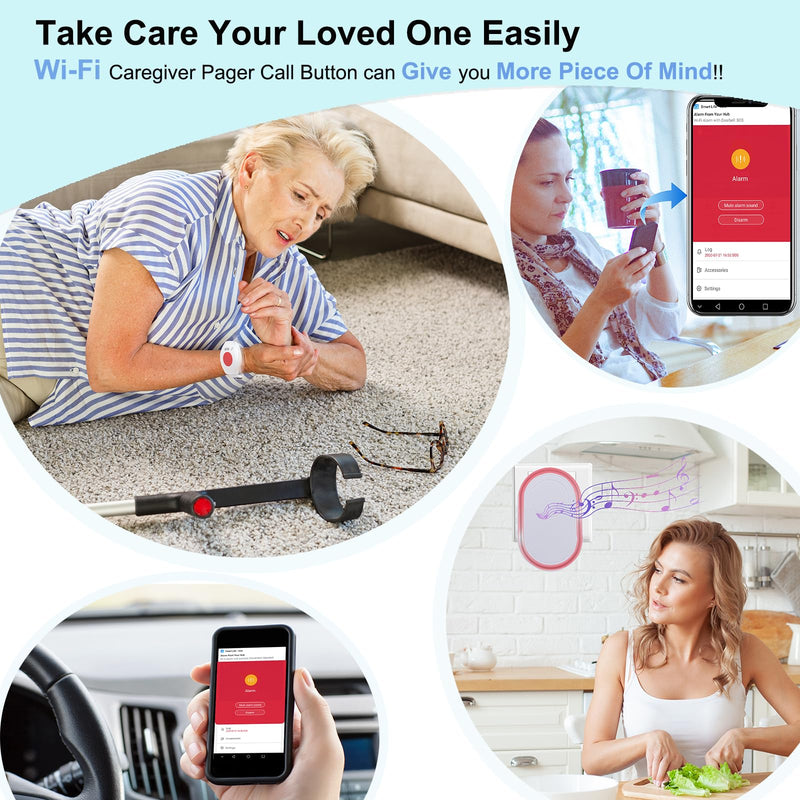 Topvico WiFi Caregiver Pager Call Button for Elderly, Senior Fall Alert Devices, Wireless Nurse Help SOS Panic Bracelet , Tuya Smart APP, Remote Patients Call System for Home, 5 Levels Volume 1 Button A + 1 Watch + 1 Receiver