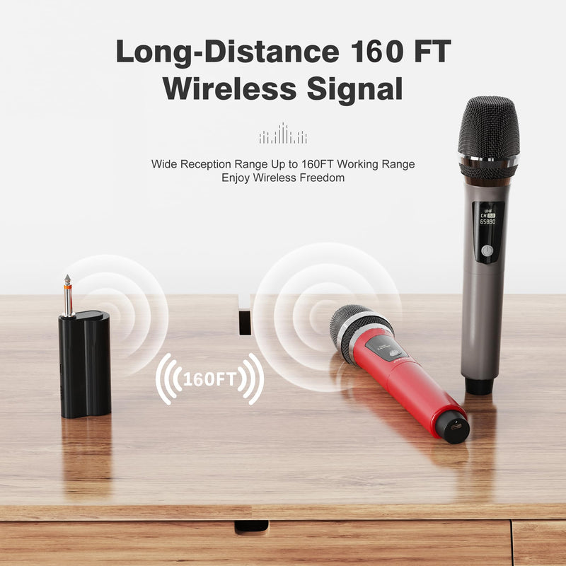 Wireless Microphones, Professional Dual Karaoke Microphones, Wireless Dynamic Microphone System Set with Rechargeable Receiver for Home Party, Speech, Wedding, Church, PA System Red