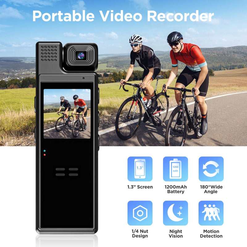 Body Camera with Audio Recording, Portable Wearable Small Body Worn Cam, FHD Video Recorder, 1.3" LCD Screen Police Cams for Home, Built-in 64GB Card with Night Vision, Bike Cameras, Law Enforcement